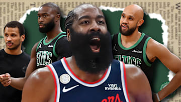 James Harden, Jaylen Brown, Derrick White, and Joe Mazzulla