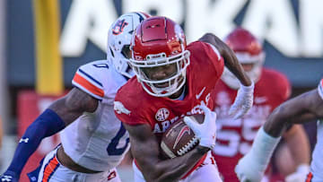 Arkansas Razorbacks wide receiver Andrew Armstrong hauls in a pass from KJ Jefferson against the Auburn Tigers last November in a game at Razorback Stadium in Fayetteville, Ark.