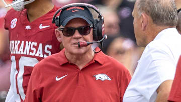 Arkansas Razorbacks offensive coordinator Bobby Petrino on the sidelines during a game with UAB.