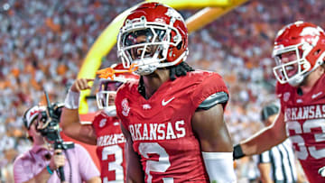 Arkansas Razorbacks wide receiver Andrew Armstrong celebrating winning touchdown against the Tennessee Volunteers at Razorback Stadium in Fayetteville, Ark.