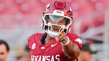 Arkansas Razorbacks quarterback Taylen Green in warm-ups before game with the Tennessee Volunteers at Razorback Stadium in Fayetteville, Ark.