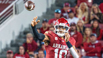 Arkansas Razorbacks quarterback Taylen Green throws a pass against the LSU Tigers at Razorback Stadium in Fayetteville, Ark.