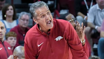 Arkansas Razorbacks coach John Calipari in an exhibition game against the Kansas Jayhawks at Bud Walton Arena in Fayetteville, Ark.