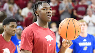 Arkansas Razorbacks Adou Thiero warming up before exhibition with the Kansas Jayhawks