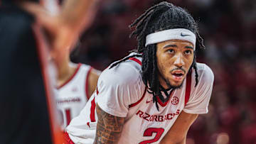Arkansas Razorbacks Boogie Fland prepares to shoot a free throw against the Pacific Tigers at Bud Walton Arena in Fayetteville, Ark.