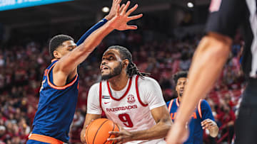 Arkansas Razorbacks forward Jonas Aidoo against the UT-San Antonio Road Runners at Bud Walton Arena in Fayetteville, Ark.