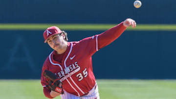 Arkansas Razorbacks pitcher Landon Beidelschies delivers a pitch against Washington State at Baum-Walker Stadium in Fayetteville, Ark.