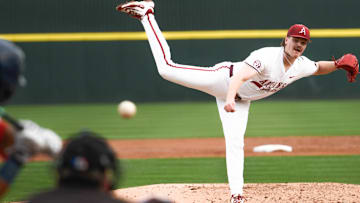 Arkansas Razorbacks pitcher Ben Bybee delivers a pitch home against Oral Roberts at Baum-Walker Stadium in Fayetteville, Ark.
