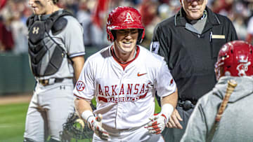 Arkansas Razorbacks Charles Davalan against the South Carolina Gamecocks at Baum-Walker Stadium in Fayetteville, Ark.