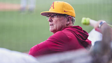 Arkansas Razorbacks coach Dave Van Horn in the dugout against Central Arkansas at Baum-Walker Stadium in Fayetteville, Ark.