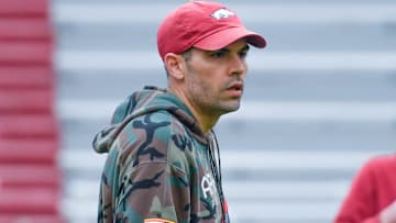 Arkansas Razorbacks wide receivers coach Ronnie Fouch during a spring practice inside Razorback Stadium in Fayetteville, Ark.
