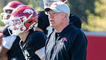 Arkansas Razorbacks offensive coordinator Bobby Petrino during spring practice drills in Fayetteville, Ark.