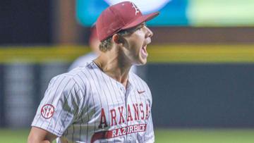 Arkansas Razorbacks pitcher Gage Wood after another strikeout against the Texas Longhorns at Baum-Walker Stadium in Fayetteville, Ark.