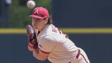 Arkansas Razorbacks pitcher Landon Beidelschies throws against the Texas Longhorns at Baum-Walker Stadium in Fayetteville, Ark.