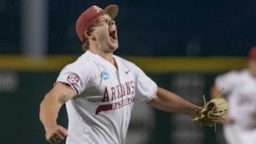 Arkansas Razorbacks pitcher Gage Wood reacts after a strikeout against the Creighton Bluejays in a win in the Fayetteville Regional of the NCAA Tournament at Baum-Walker Stadium in Fayetteville, Ark.