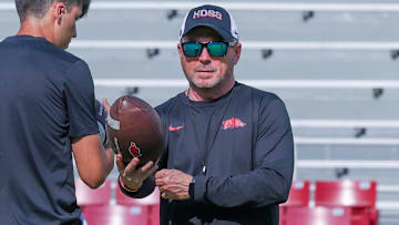 Arkansas Razorbacks special teams coach Scott Fountain during practices inside Razorback Stadium in Fayetteville, Ark.