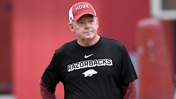 Arkansas Razorbacks offensive coordinator Bobby Petrino during practices at the indoor football center in Fayetteville, Ark.