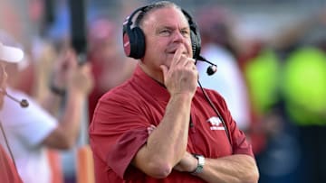 Arkansas Razorbacks coach Sam Pittman on the sidelines against the Ole Miss Rebels at Vaught-Hemingway Stadium in Oxford, Miss.