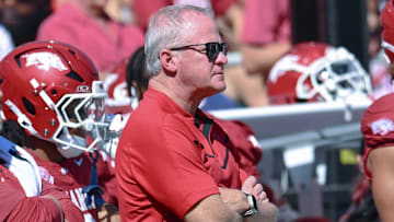 Arkansas Razorbacks athletics director Hunter Yurachek on the sidelines during game with the Notre Dame Fighting Irish at Razorback Stadium in Fayetteville, Ark