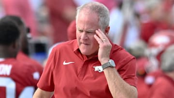 Arkansas Razorbacks athletics director Hunter Yurachek on the sidelines at a game against the Arkansas State Red Wolves at War Memorial Stadium in Little Rock, Ark.