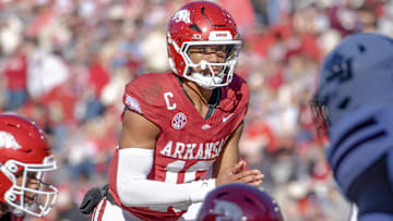 Arkansas Razorbacks quarterback Taylen Green looking over the Mississippi State Bulldogs' defense before a snap in a game at Razorback Stadium in Fayetteville, Ark.