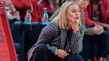 Arkansas Razorbacks coach Kelsi Musick on the sidelines during game against UCA Sugar Bears at Bud Walton Arena in Fayetteville, Ark.