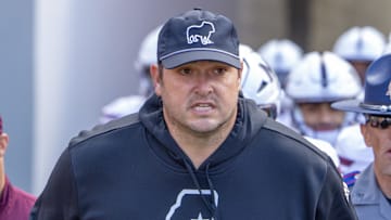 Mississippi State Bulldogs coach Jeff Lebby against the Arkansas Razorbacks at Razorback Stadium in Fayetteville, Ark.