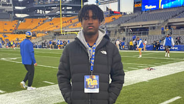 Javien Robinson stands on the sidelines during a recruiting visit Oct. 24, 2024 at Acrisure Stadium.