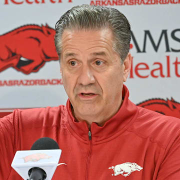 Razorbacks coach John Calipari at his introduction to the fans and media at Bud Walton Arena in Fayetteville, Ark.