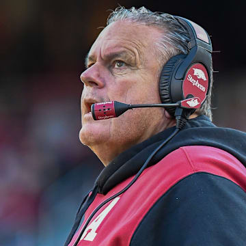 Arkansas Razorbacks coach Sam Pittman during a loss to the Missouri Tigers on Nov. 24, 2023, at Razorback Stadium in Fayetteville, Ark.