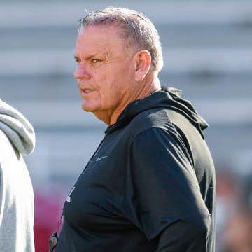 Arkansas Razorbacks coach Sam Pittman and new offensive coordinator Bobby Petrino at a spring practice inside Razorback Stadium.