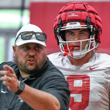 Arkansas Razorbacks tight end Luke Hasz at Thursday's practice indoors in Fayetteville, Ark.