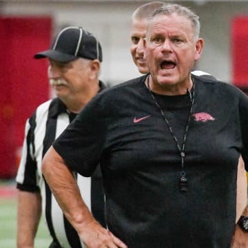 Arkansas Razorbacks coach Sam Pittman at Thursday's practice indoors in Fayetteville, Ark.