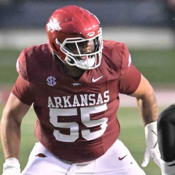 Arkansas Razorbacks offensive lineman Fernando Carmona drops back in pass protection against UAPB at War Memorial Stadium in Little Rock, Ark.