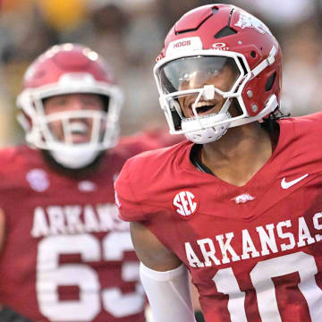 Arkansas Razorbacks quarterback Taylen Green celebrates a touchdown against UAPB at War Memorial Stadium in Little Rock, Ark.,