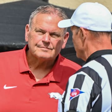 Arkansas Razorbacks coach Sam Pittman against the Oklahoma State Cowboys at Boone Pickens Stadium in Stillwater, Okla.