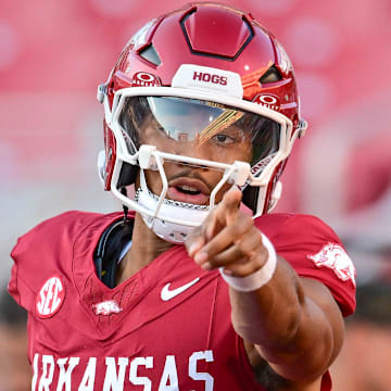 Arkansas Razorbacks quarterback Taylen Green in warmups before game with the Tennessee Volunteers at Razorback Stadium in Fayetteville, Ark.