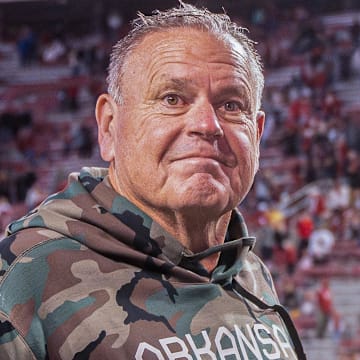 Arkansas Razorbacks coach Sam Pittman walking off the field after win over the Louisiana Tech Bulldogs at Razorback Stadium in Fayetteville, Ark.