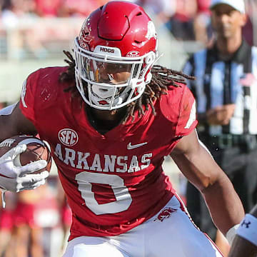 Arkansas Razorbacks AJ Green running against Kent State in a game from 2023 at Razorback Stadium in Fayetteville, Ark.