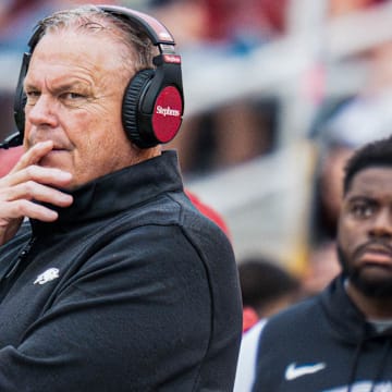 Arkansas Razorbacks coach Sam Pittman on the sidelines in a game against the Ole Miss Reble at Razorback Stadium in Fayetteville, Ark.