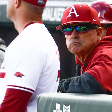 Arkansas Razorbacks coach Dave Van Horn in the dugout in a game against Louisiana-Monroe at Baum-Walker Stadium in Fayetteville, Ark.