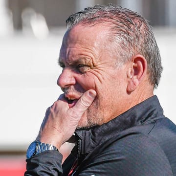Arkansas Razorbacks coach Sam Pittman at spring practice on the outdoor practice fields in Fayetteville, Ark.