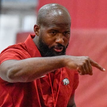 Arkansas Razorbacks running backs coach Kolby Smith during preseason practices Aug. 1, 2024, at the indoor center in Fayetteville, Ark.
