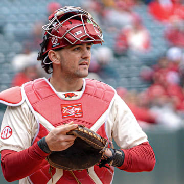 Arkansas Razorbacks catcher Ryder Helfrick against the Missouri Tigers at Baum-Walker Stadium in Fayetteville, Ark.