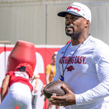 Arkansas Razorbacks defensive coordinator Travis Williams during spring practice drills on the outdoor fields in Fayetteville, Ark.