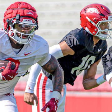 Arkansas Razorbacks running back Braylen Russell during spring practice drills inside Razorback Stadium in Fayetteville, Ark.