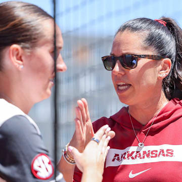 Arkansas Razorbacks coach Courtney Deifel during Saturday's game with the Oklahoma State Cowboys in the Fayetteville Regional at Bogle Park.