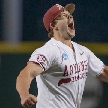 Arkansas Razorbacks pitcher Gage Wood reacts after a strikeout against the Creighton Bluejays in a win in the Fayetteville Regional of the NCAA Tournament at Baum-Walker Stadium in Fayetteville, Ark.