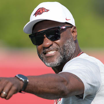 Arkansas Razorbacks co-defensive coordinator Marcus Woodson during practices on the outdoor fields in Fayetteville, Ark.