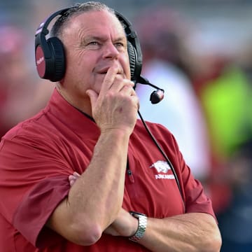Arkansas Razorbacks coach Sam Pittman on the sidelines against the Ole Miss Rebels at Vaught-Hemingway Stadium in Oxford, Miss.